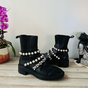 Zara Black Pearl-Embellished Strap Leather Ankle Boots - 6.5